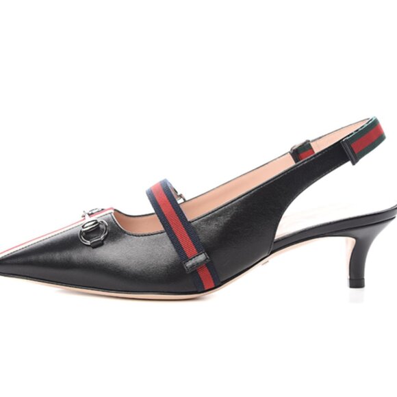 Gucci Malaga Black Kid Web Horsebit Low Heel Slingback Pumps Sz 36.5 - Picture 1 of 14